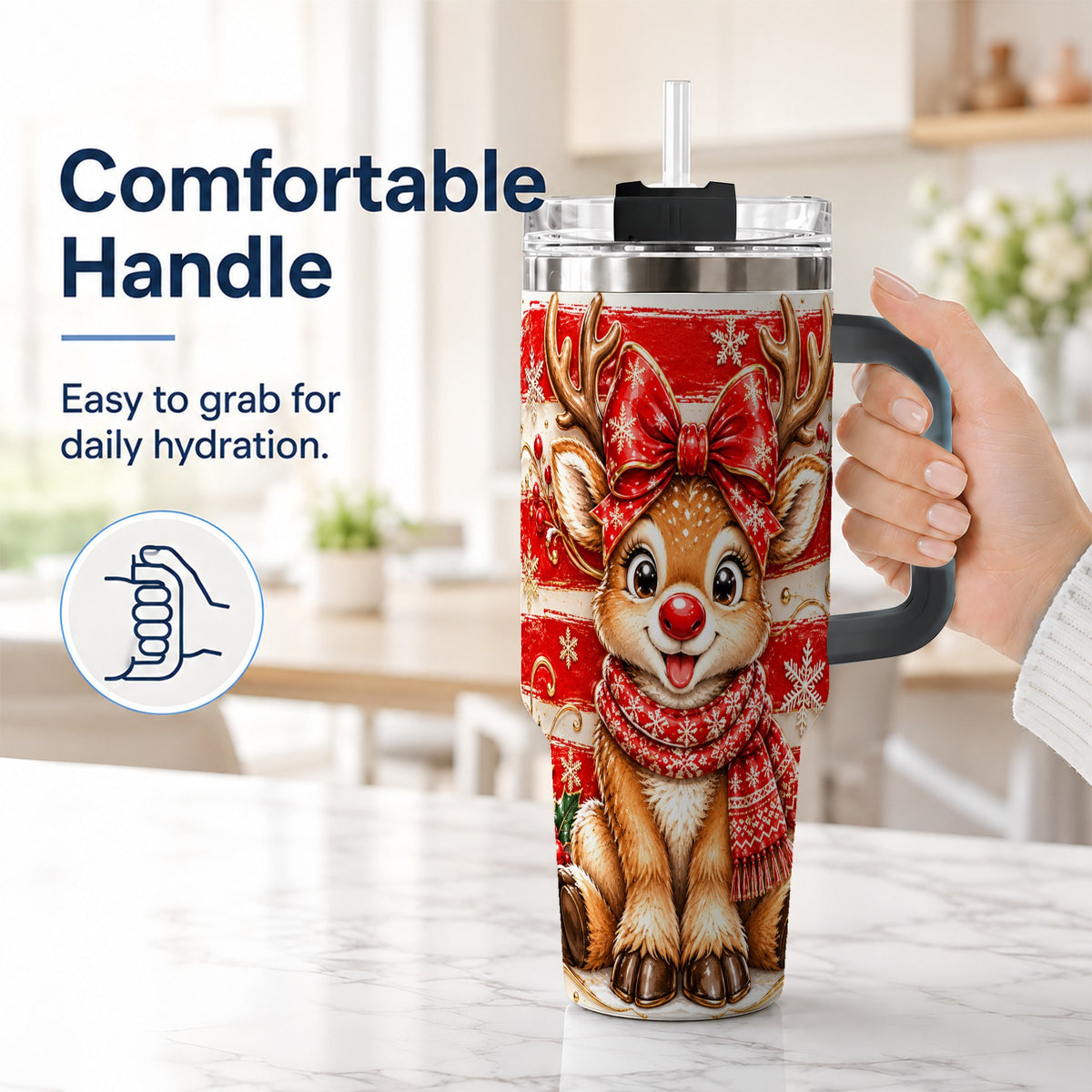 #pl[40oz|Black] Cute Reindeer 40oz Tumbler with Handle, Winter Stainless Steel Travel Cup