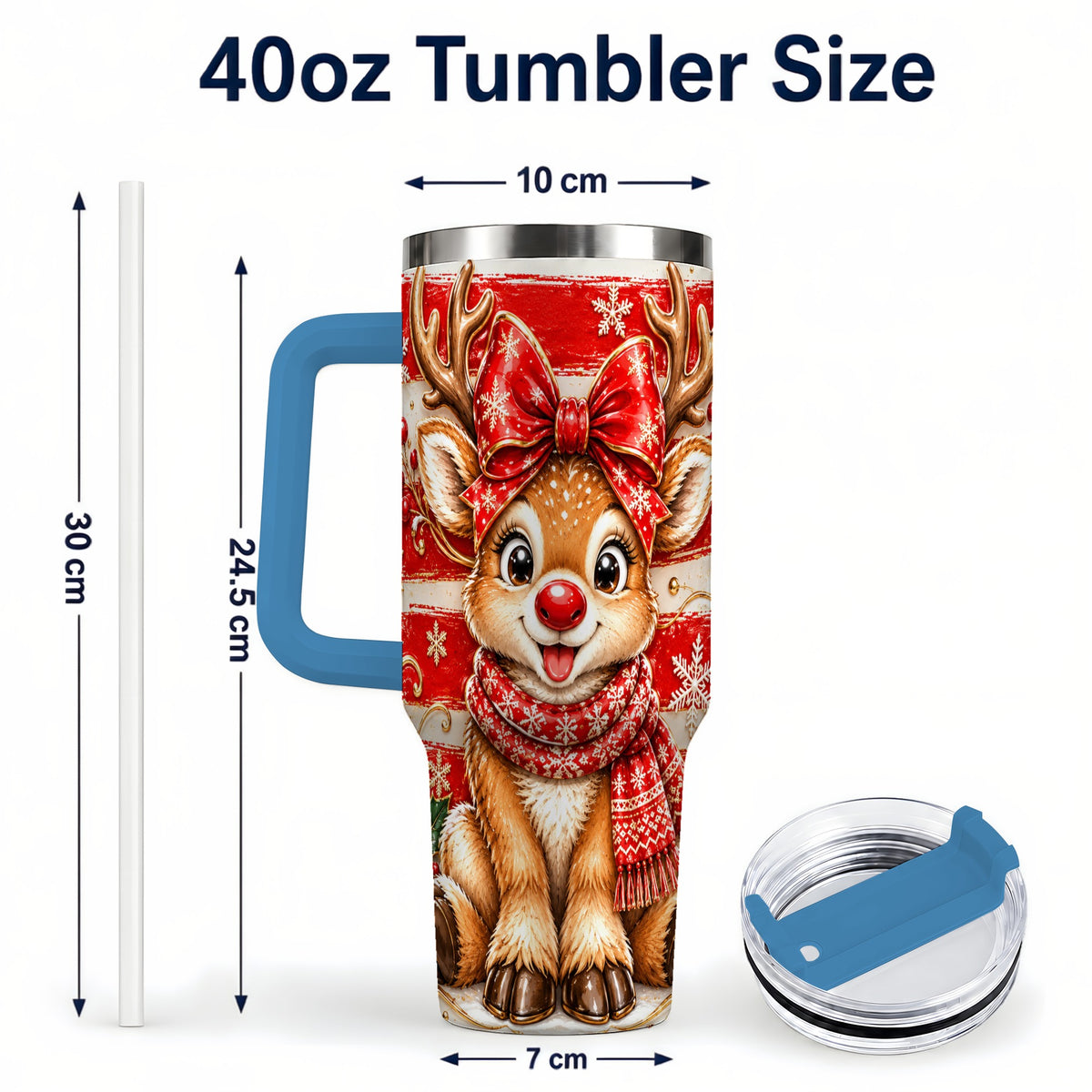 #pl[40oz|Blue] Cute Reindeer 40oz Tumbler with Handle, Winter Stainless Steel Travel Cup