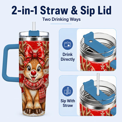 #pl[40oz|Blue] Cute Reindeer 40oz Tumbler with Handle, Winter Stainless Steel Travel Cup