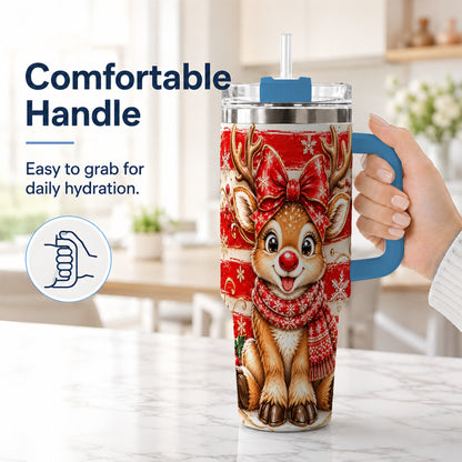 #pl[40oz|Blue] Cute Reindeer 40oz Tumbler with Handle, Winter Stainless Steel Travel Cup