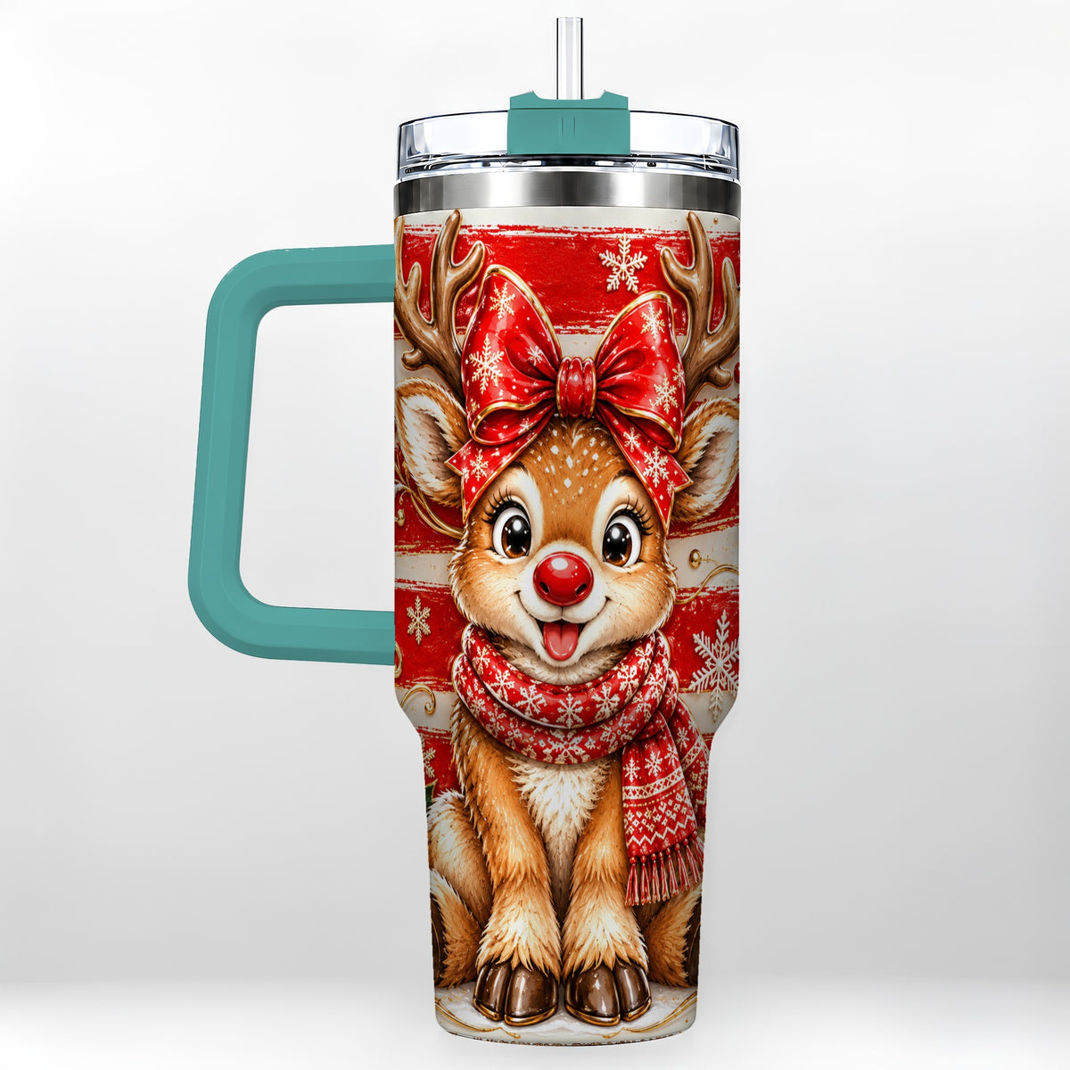 #pl[40oz|Green] Cute Reindeer 40oz Tumbler with Handle, Winter Stainless Steel Travel Cup