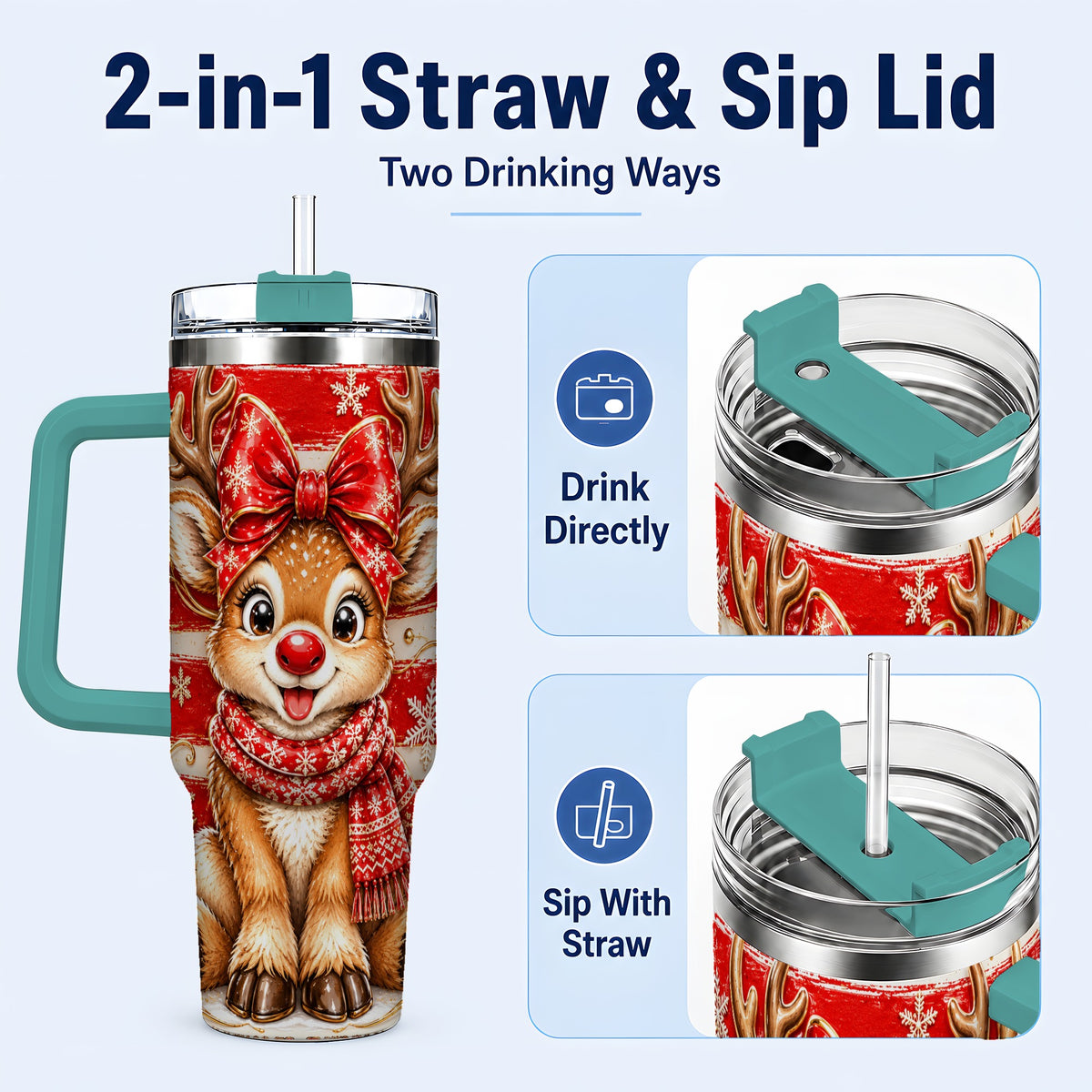 #pl[40oz|Green] Cute Reindeer 40oz Tumbler with Handle, Winter Stainless Steel Travel Cup
