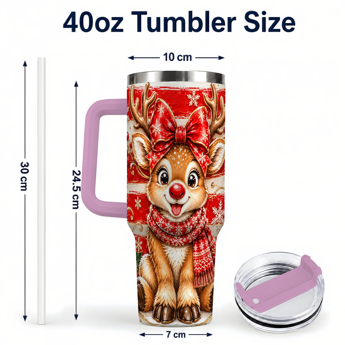 #pl[40oz|Pink] Cute Reindeer 40oz Tumbler with Handle, Winter Stainless Steel Travel Cup