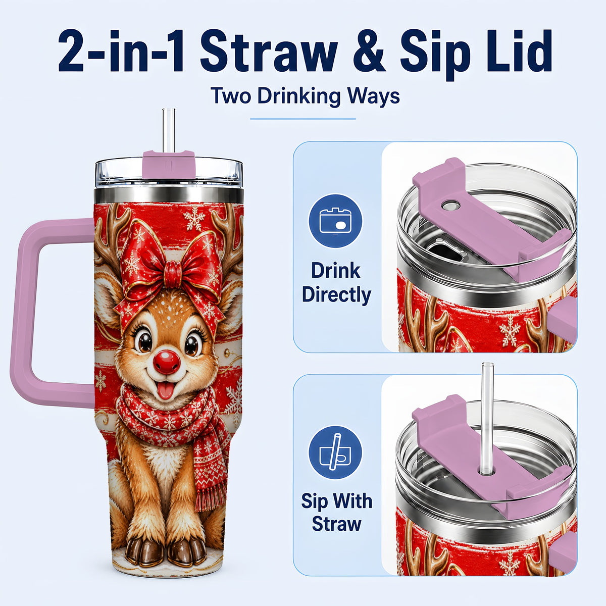 #pl[40oz|Pink] Cute Reindeer 40oz Tumbler with Handle, Winter Stainless Steel Travel Cup