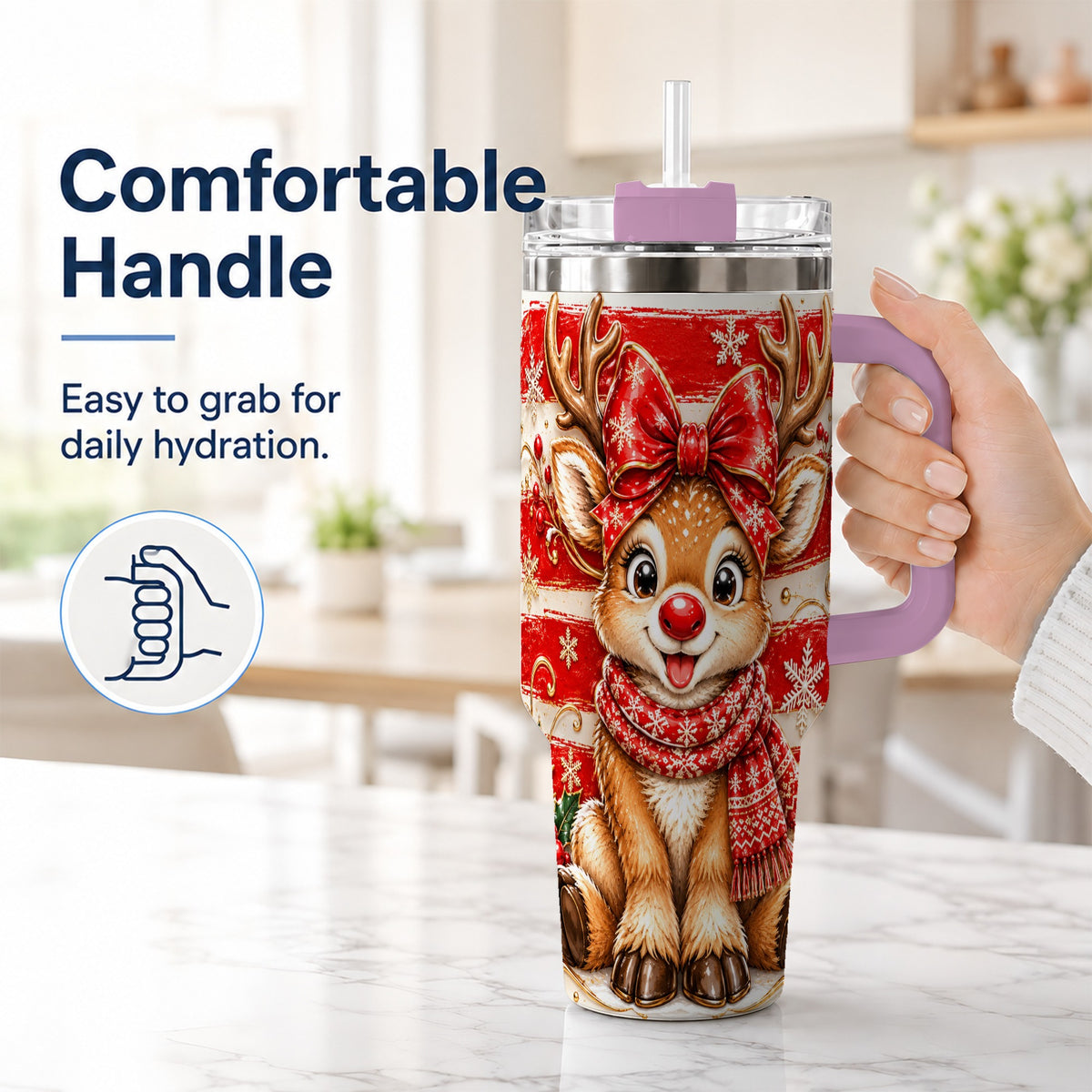 #pl[40oz|Pink] Cute Reindeer 40oz Tumbler with Handle, Winter Stainless Steel Travel Cup
