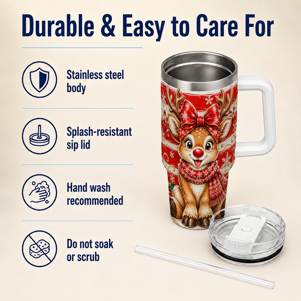 Cute Reindeer 40oz Tumbler with Handle, Winter Stainless Steel Travel Cup