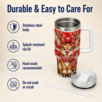 Cute Reindeer 40oz Tumbler with Handle, Winter Stainless Steel Travel Cup