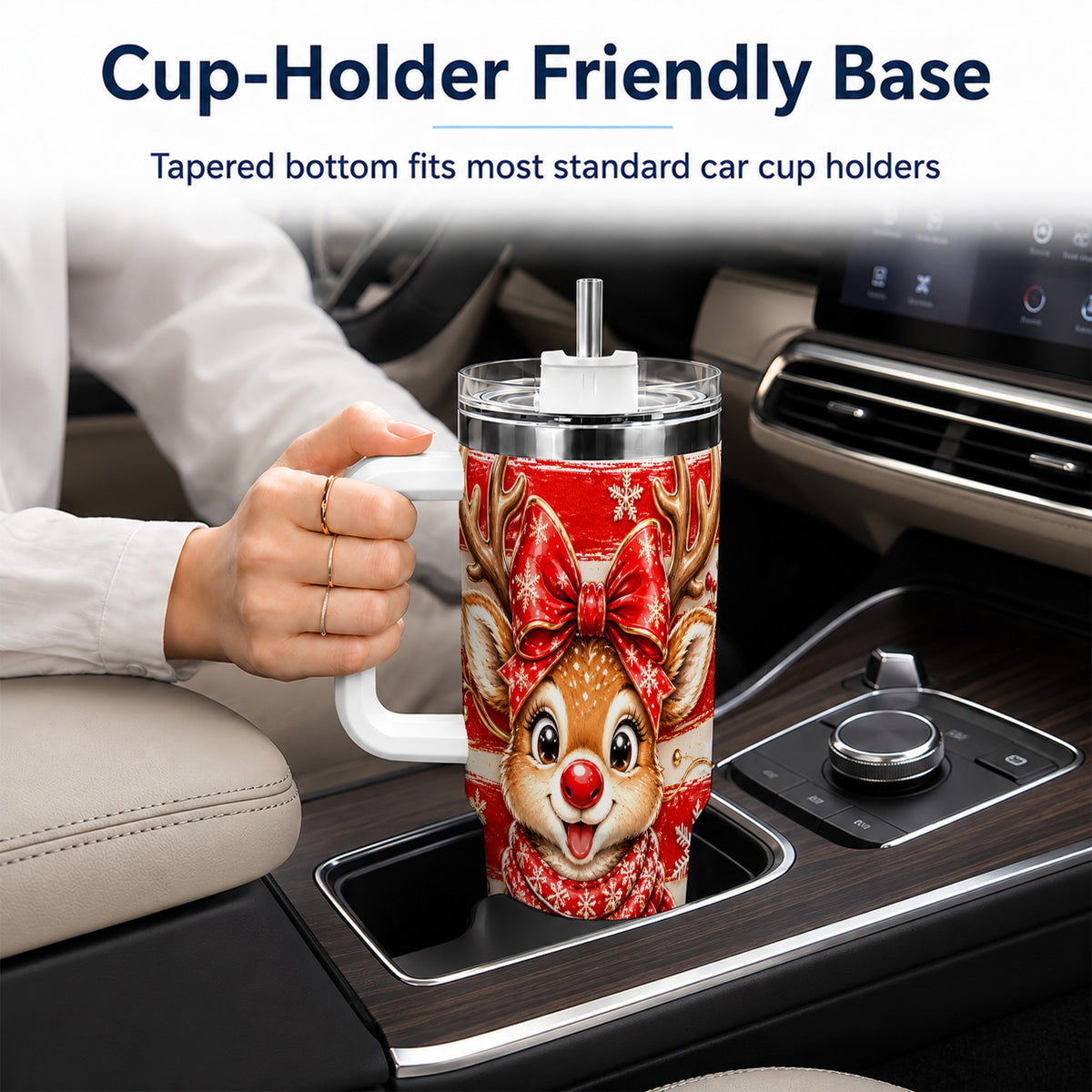 Cute Reindeer 40oz Tumbler with Handle, Winter Stainless Steel Travel Cup