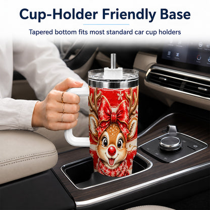 Cute Reindeer 40oz Tumbler with Handle, Winter Stainless Steel Travel Cup