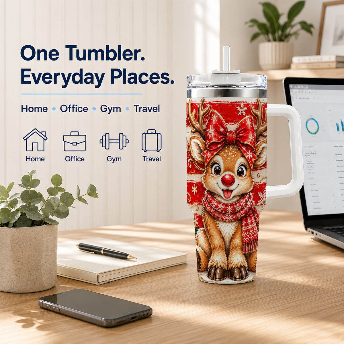 Cute Reindeer 40oz Tumbler with Handle, Winter Stainless Steel Travel Cup