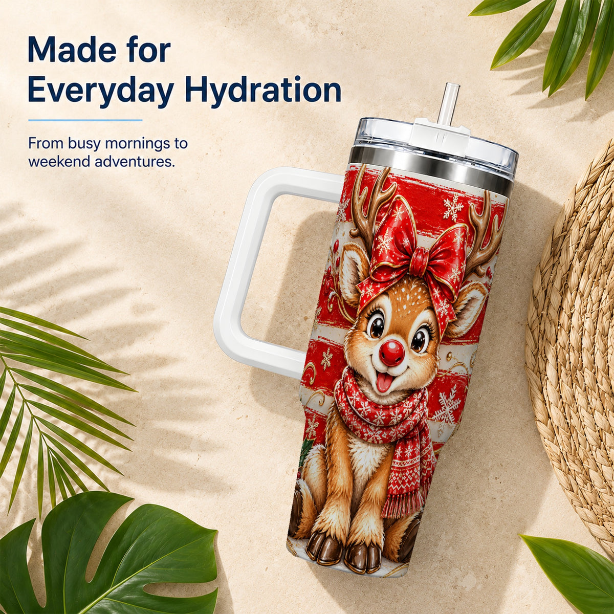 Cute Reindeer 40oz Tumbler with Handle, Winter Stainless Steel Travel Cup
