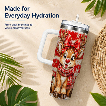 Cute Reindeer 40oz Tumbler with Handle, Winter Stainless Steel Travel Cup