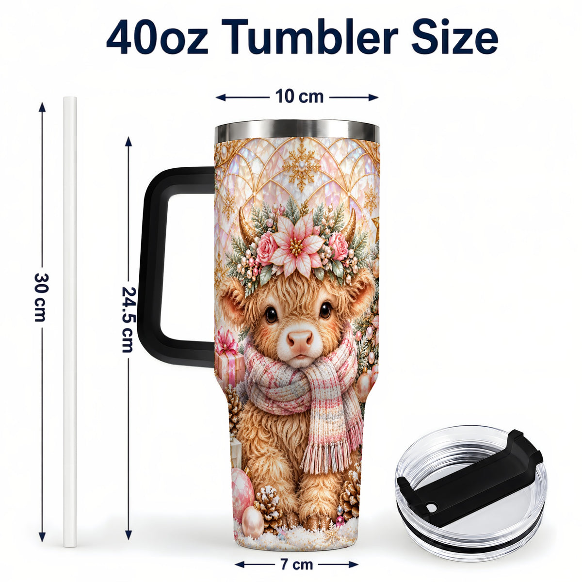 #pl[40oz|Black] Highland Cow Christmas 40oz Tumbler with Handle, Holiday Travel Cup