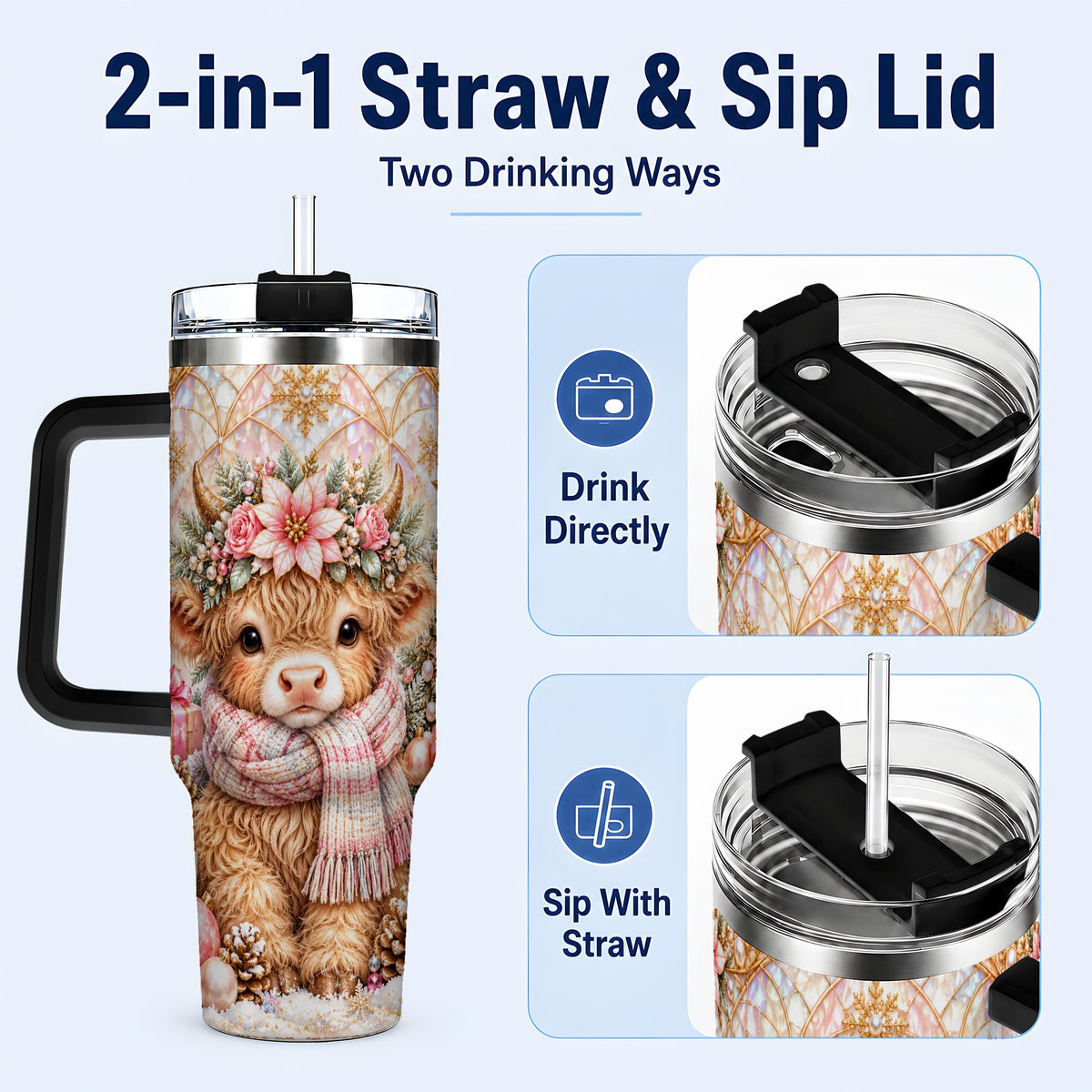 #pl[40oz|Black] Highland Cow Christmas 40oz Tumbler with Handle, Holiday Travel Cup
