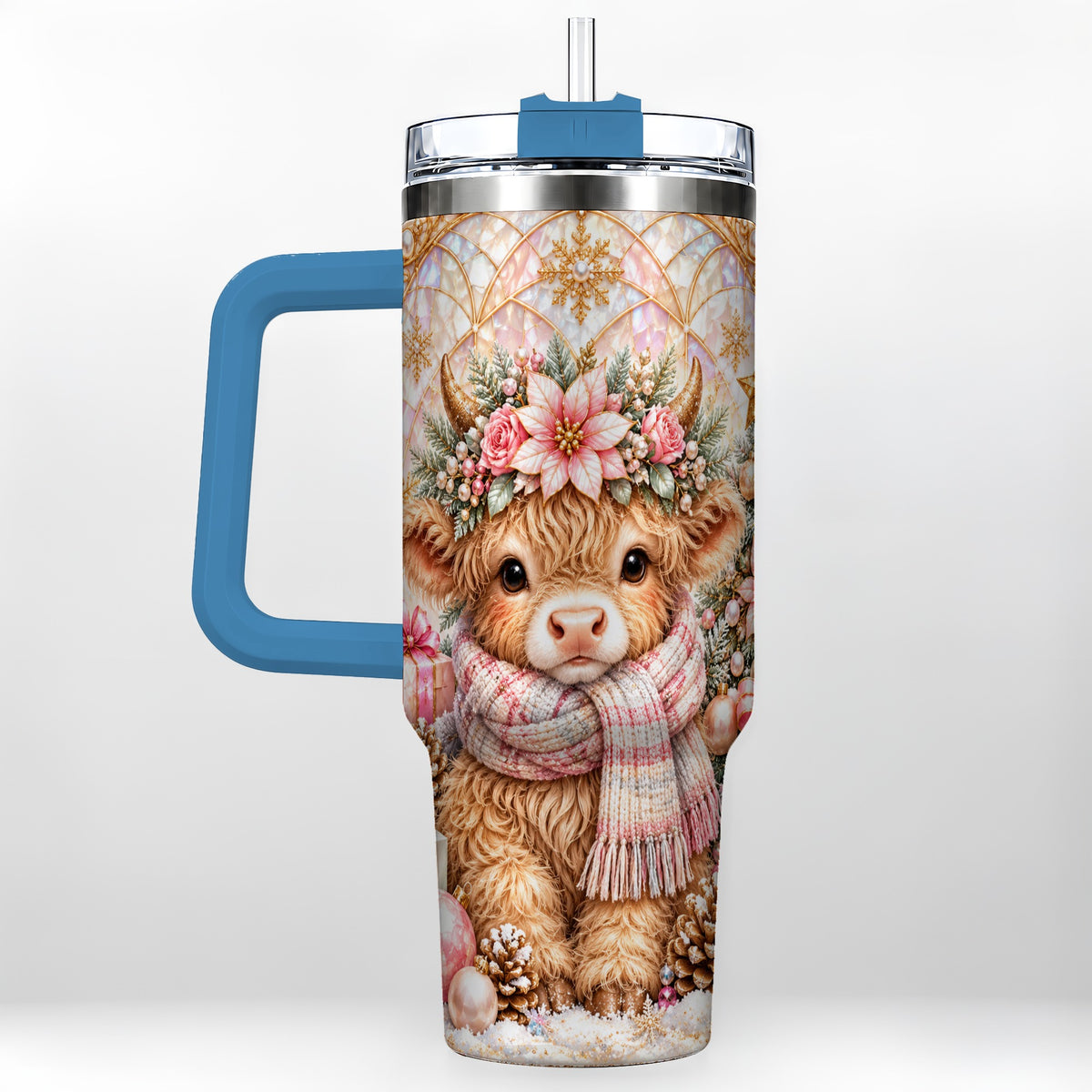 #pl[40oz|Blue] Highland Cow Christmas 40oz Tumbler with Handle, Holiday Travel Cup