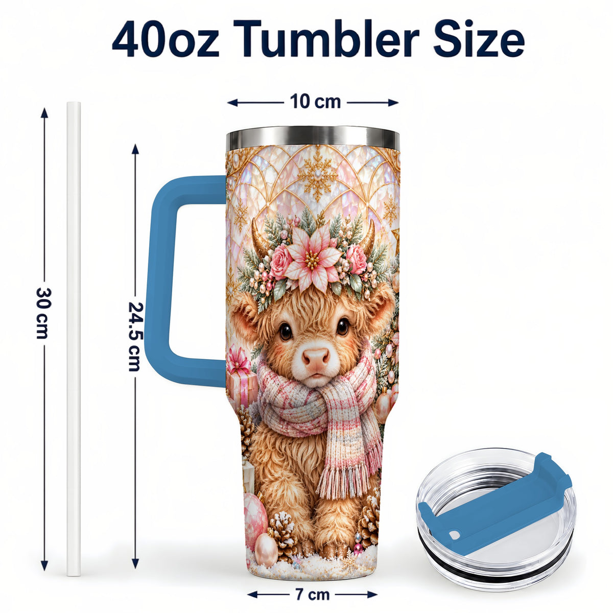 #pl[40oz|Blue] Highland Cow Christmas 40oz Tumbler with Handle, Holiday Travel Cup