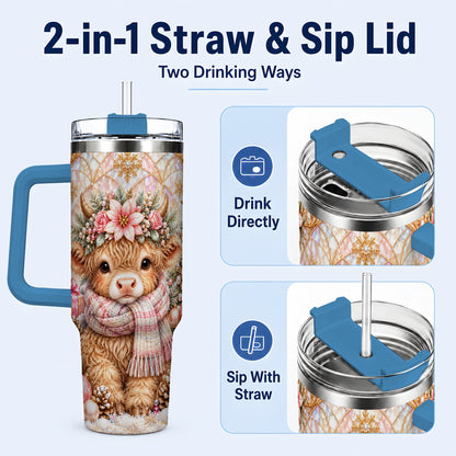 #pl[40oz|Blue] Highland Cow Christmas 40oz Tumbler with Handle, Holiday Travel Cup