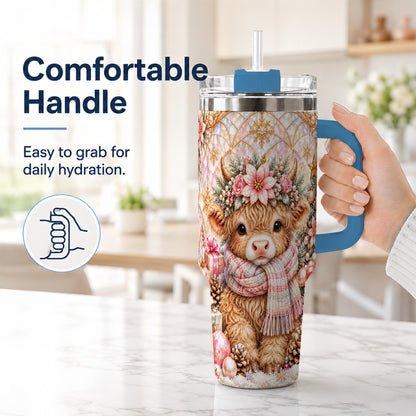 #pl[40oz|Blue] Highland Cow Christmas 40oz Tumbler with Handle, Holiday Travel Cup
