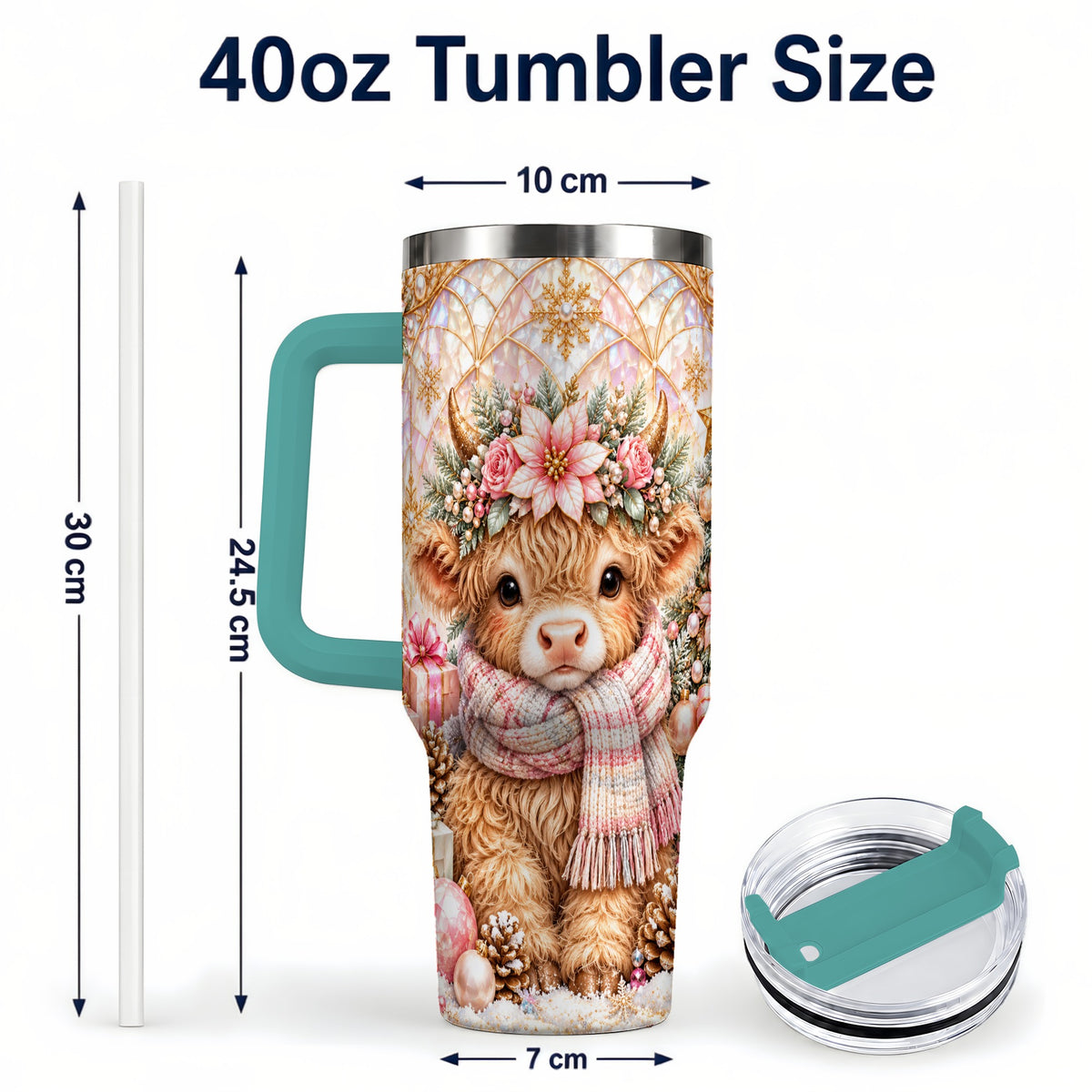 #pl[40oz|Green] Highland Cow Christmas 40oz Tumbler with Handle, Holiday Travel Cup