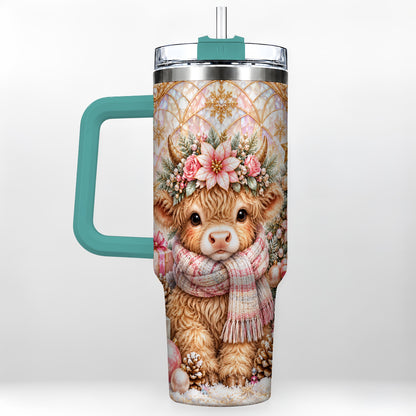 #pl[40oz|Green] Highland Cow Christmas 40oz Tumbler with Handle, Holiday Travel Cup