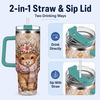#pl[40oz|Green] Highland Cow Christmas 40oz Tumbler with Handle, Holiday Travel Cup