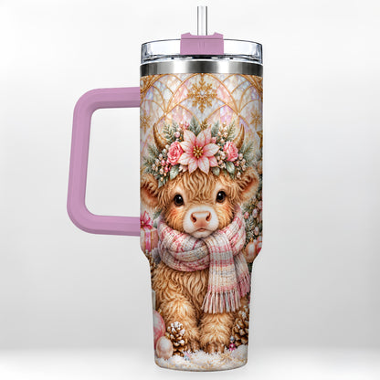 #pl[40oz|Pink] Highland Cow Christmas 40oz Tumbler with Handle, Holiday Travel Cup