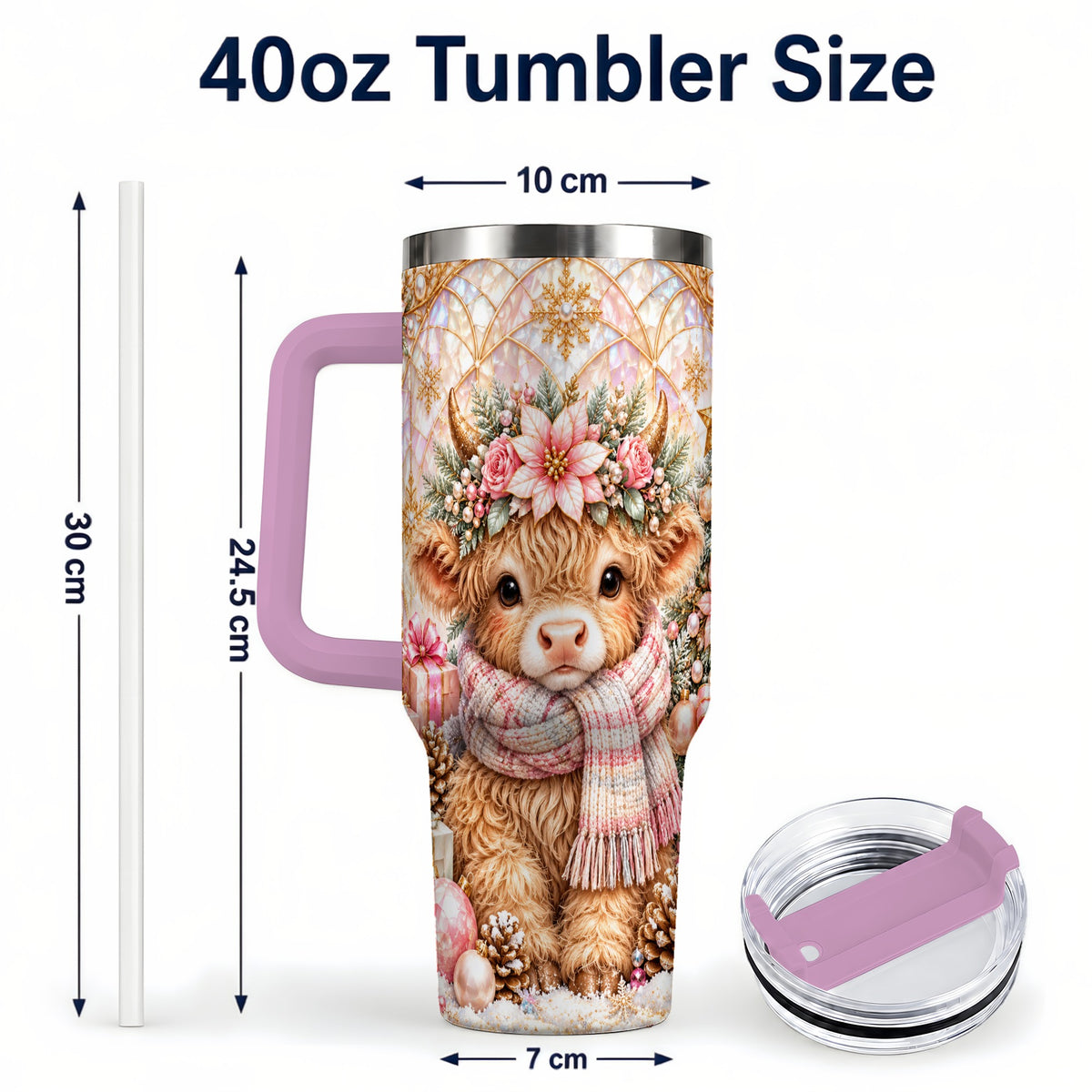 #pl[40oz|Pink] Highland Cow Christmas 40oz Tumbler with Handle, Holiday Travel Cup
