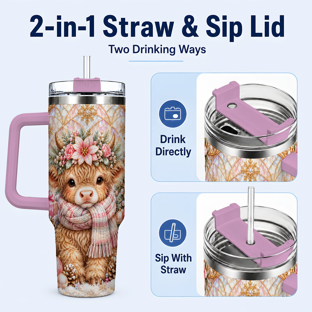 #pl[40oz|Pink] Highland Cow Christmas 40oz Tumbler with Handle, Holiday Travel Cup