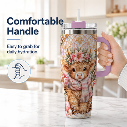 #pl[40oz|Pink] Highland Cow Christmas 40oz Tumbler with Handle, Holiday Travel Cup