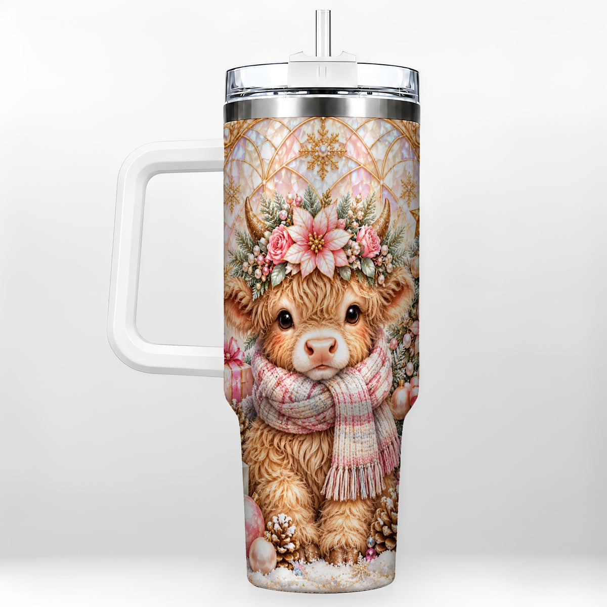 Highland Cow Christmas 40oz Tumbler with Handle, Holiday Travel Cup