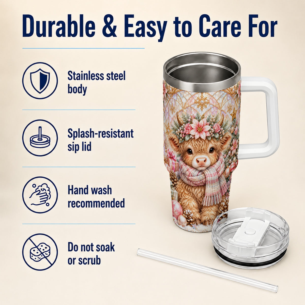 Highland Cow Christmas 40oz Tumbler with Handle, Holiday Travel Cup