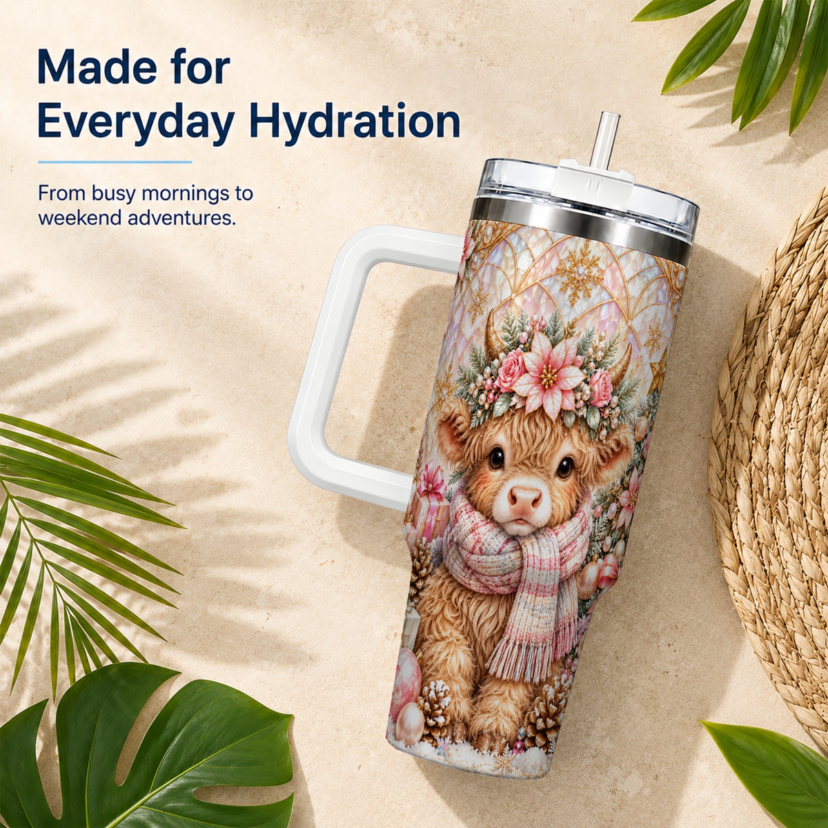 Highland Cow Christmas 40oz Tumbler with Handle, Holiday Travel Cup