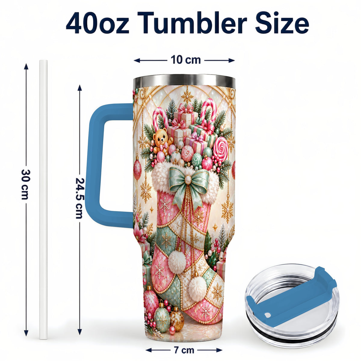 #pl[40oz|Blue] Christmas Stocking 40oz Tumbler with Handle, Holiday Travel Cup