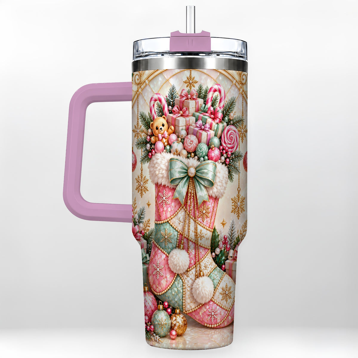 #pl[40oz|Pink] Christmas Stocking 40oz Tumbler with Handle, Holiday Travel Cup