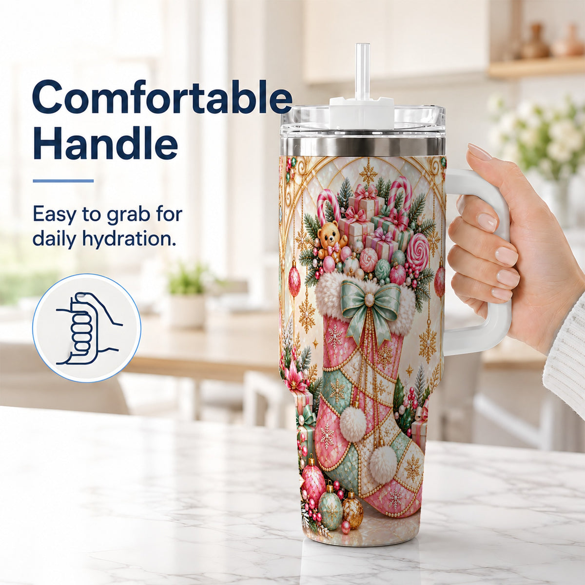 #pl[40oz|White] Christmas Stocking 40oz Tumbler with Handle, Holiday Travel Cup