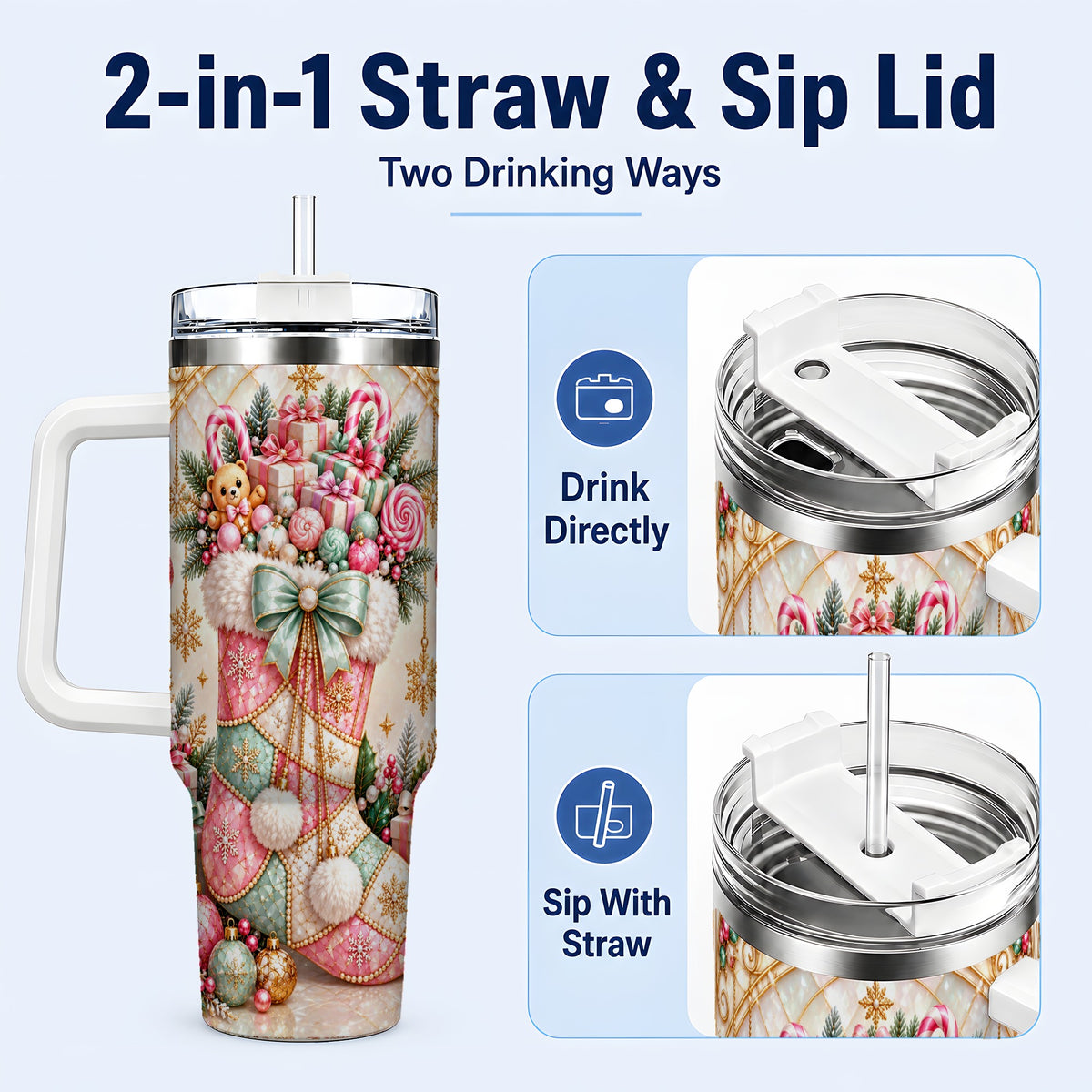 #pl[40oz|White] Christmas Stocking 40oz Tumbler with Handle, Holiday Travel Cup