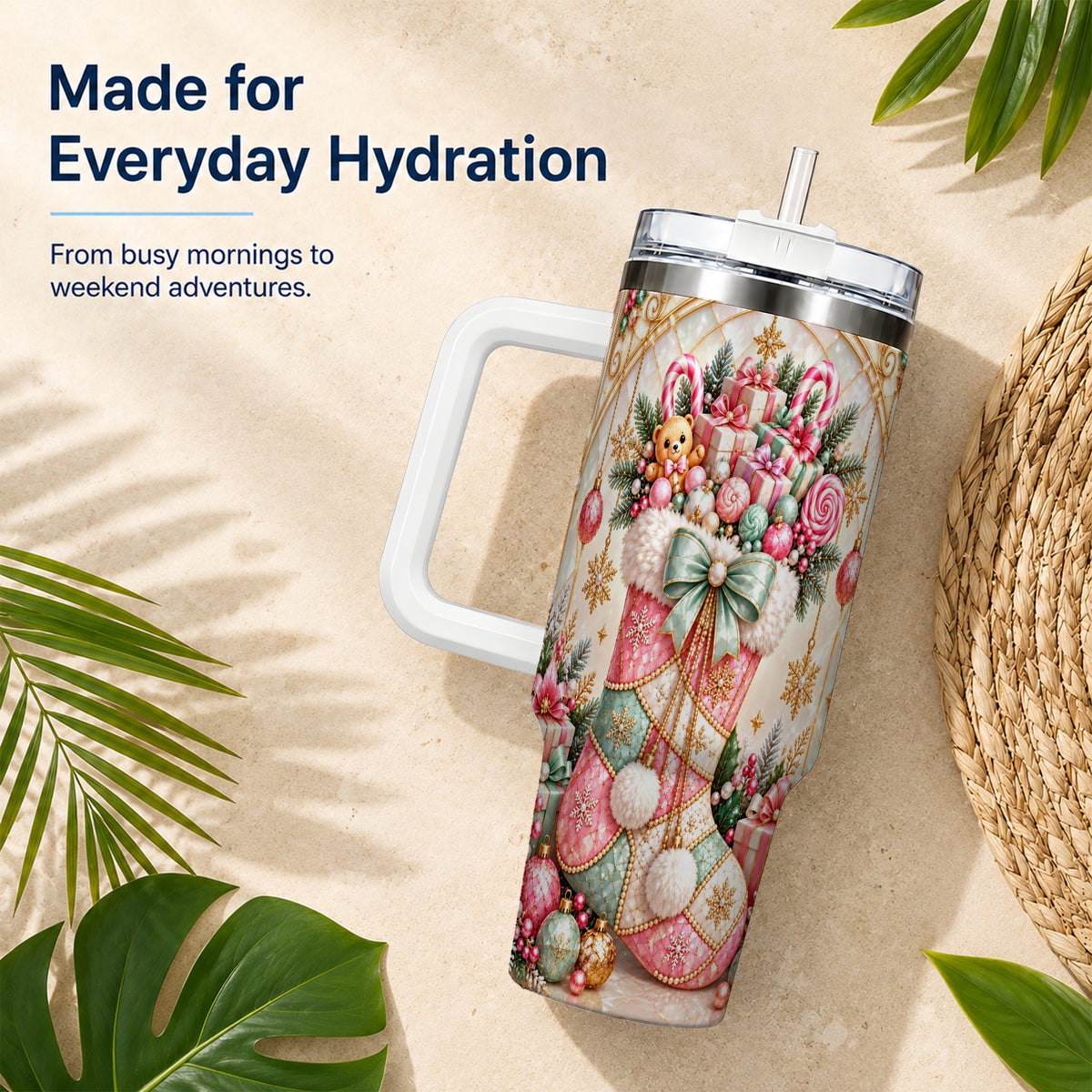 Christmas Stocking 40oz Tumbler with Handle, Holiday Travel Cup
