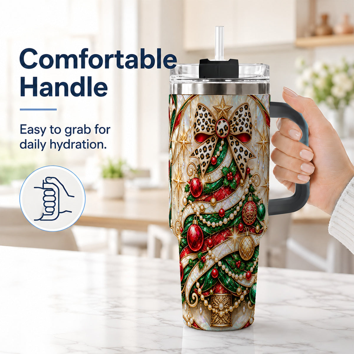 #pl[40oz|Black] Christmas Tree 40oz Tumbler with Handle, Festive Travel Cup