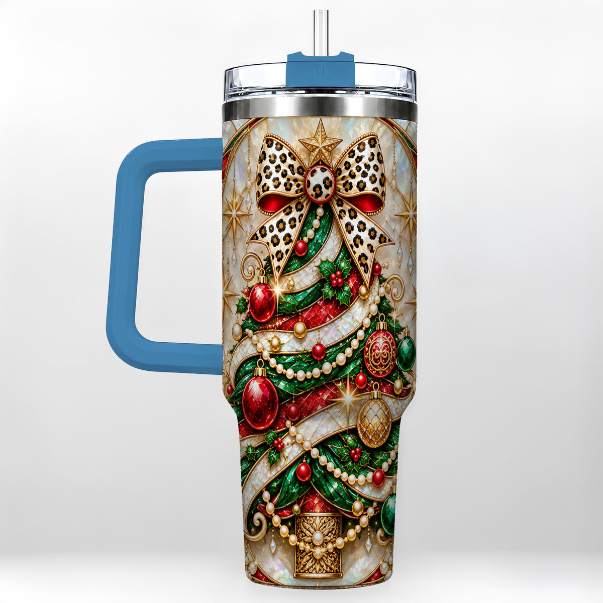 #pl[40oz|Blue] Christmas Tree 40oz Tumbler with Handle, Festive Travel Cup