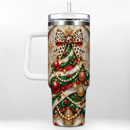 Christmas Tree 40oz Tumbler with Handle, Festive Travel Cup