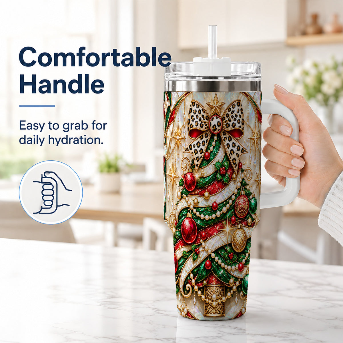 #pl[40oz|White] Christmas Tree 40oz Tumbler with Handle, Festive Travel Cup