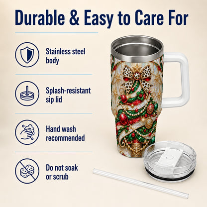Christmas Tree 40oz Tumbler with Handle, Festive Travel Cup