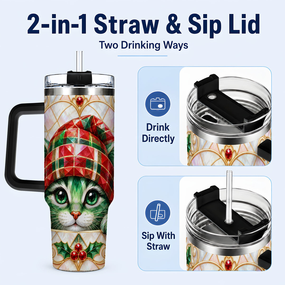 #pl[40oz|Black] Christmas Cat 40oz Tumbler with Handle, Holiday Travel Cup