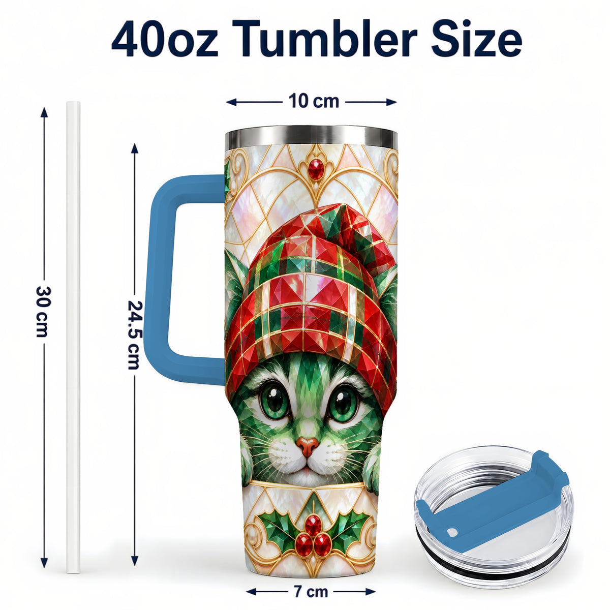 #pl[40oz|Blue] Christmas Cat 40oz Tumbler with Handle, Holiday Travel Cup