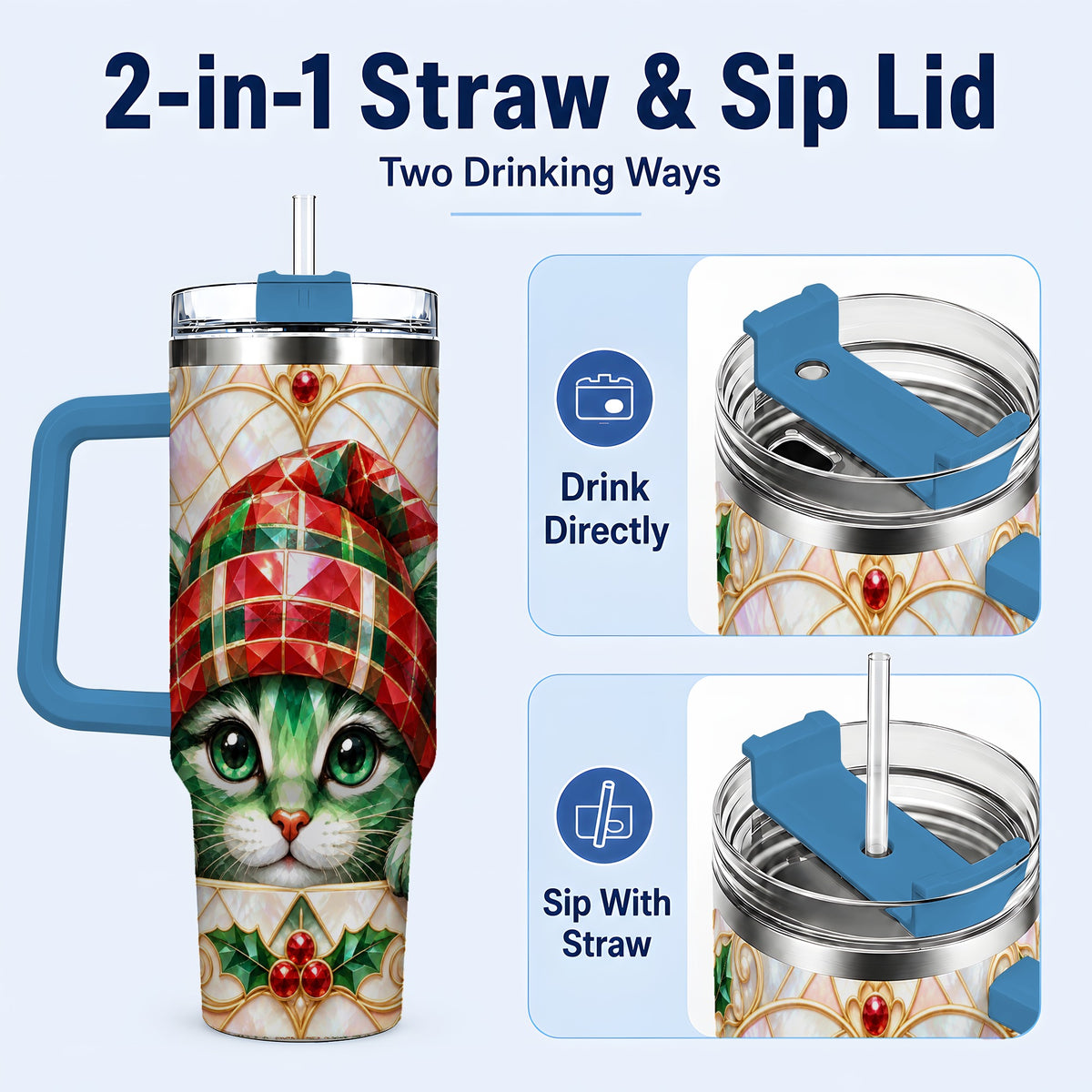 #pl[40oz|Blue] Christmas Cat 40oz Tumbler with Handle, Holiday Travel Cup
