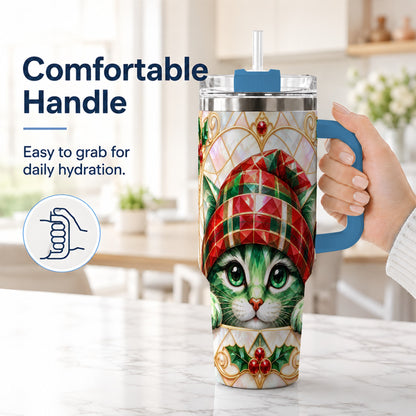#pl[40oz|Blue] Christmas Cat 40oz Tumbler with Handle, Holiday Travel Cup