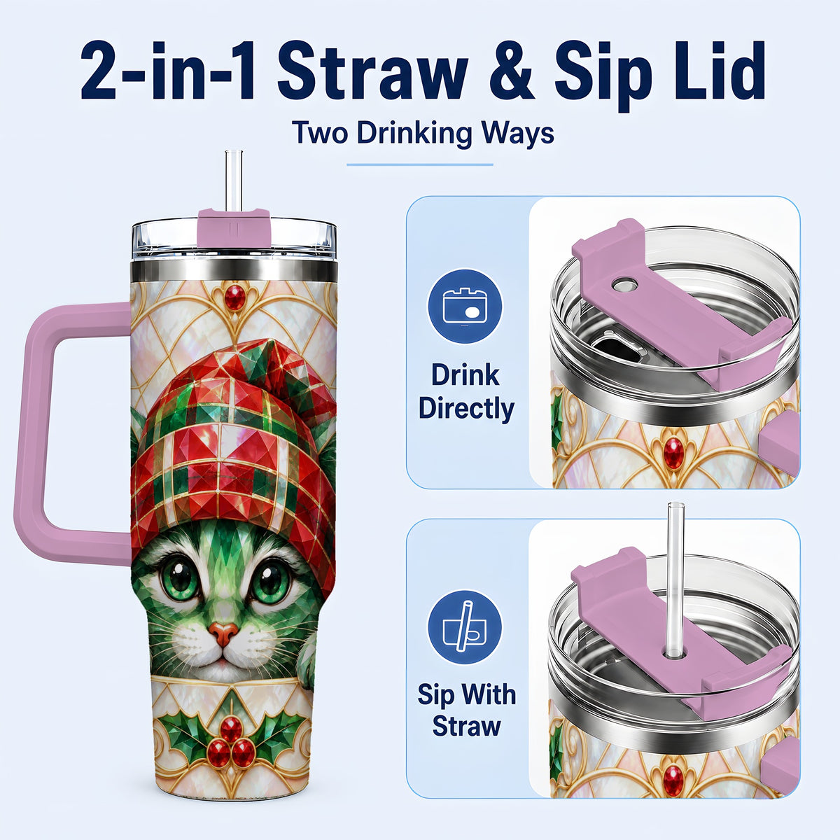 #pl[40oz|Pink] Christmas Cat 40oz Tumbler with Handle, Holiday Travel Cup