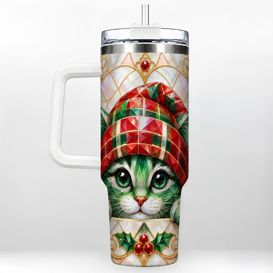 Christmas Cat 40oz Tumbler with Handle, Holiday Travel Cup