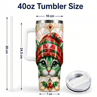 #pl[40oz|White] Christmas Cat 40oz Tumbler with Handle, Holiday Travel Cup