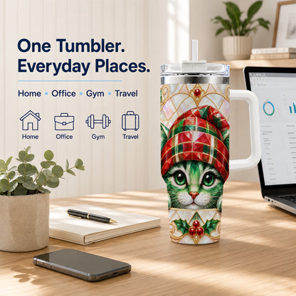 Christmas Cat 40oz Tumbler with Handle, Holiday Travel Cup